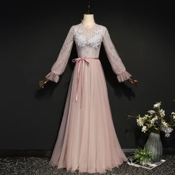 Elegant Blushing Pink Evening Dresses 2020 A Line Princess Scoop Neck Pearl Lace Flower Long Sleeve Backless Floor Length Long Formal Dresses