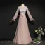 Elegant Blushing Pink Evening Dresses  2020 A-Line / Princess Scoop Neck Pearl Lace Flower Long Sleeve Backless Floor-Length / Long Formal Dresses