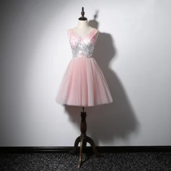 Charmant Rose Bonbon Robe De Cocktail 2020 Princesse V Cou Paillettes Sans Manches Dos Nu Courte Robe De Ceremonie