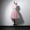 Schön Pink Cocktailkleider 2020 A Linie V-Ausschnitt Pailletten Ärmellos Rückenfreies Kurze Festliche Kleider