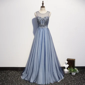 Élégant Bleu Ciel Robe De Soirée 2020 Princesse Encolure Dégagée Cristal Paillettes En Dentelle Fleur Sans Manches Dos Nu Longue Robe De Ceremonie