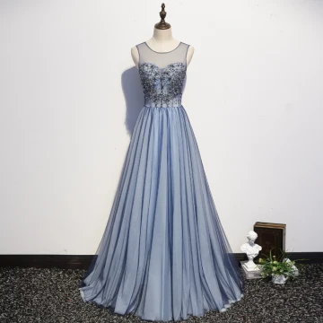 Elegant Sky Blue Evening Dresses 2020 A Line Princess Scoop Neck Crystal Sequins Lace Flower Sleeveless Backless Floor Length Long Formal Dresses