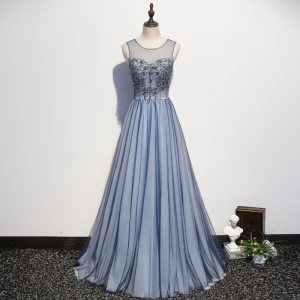 Élégant Bleu Ciel Robe De Soirée 2020 Princesse Encolure Dégagée Cristal Paillettes En Dentelle Fleur Sans Manches Dos Nu Longue Robe De Ceremonie