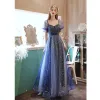Fashion Ocean Blue Prom Dresses 2021 A-Line / Princess Square Neckline Rhinestone Sequins Short Sleeve Backless Bow Floor-Length / Long Formal Dresses