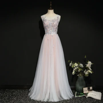 Chic Rougissant Rose Robe De Soirée 2020 Princesse Encolure Dégagée Perle Faux Diamant En Dentelle Fleur Sans Manches Dos Nu Longue Robe De Ceremonie