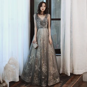 Mode Gris Doré Robe De Soirée 2020 Princesse V Cou Faux Diamant Paillettes En Dentelle Fleur Sans Manches Dos Nu Longue Robe De Ceremonie