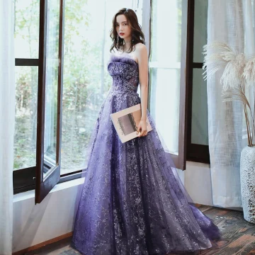 Charming Purple Evening Dresses 2020 A Line Princess Strapless Beading Sequins Lace Flower Sleeveless Backless Floor Length Long Formal Dresses