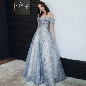 Charmant Bleu Ciel Robe De Soirée 2020 Princesse De L 039 Épaule Paillettes Sans Manches Dos Nu Longue Robe De Ceremonie