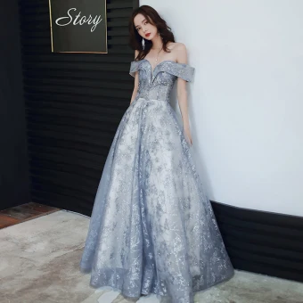 Charmant Bleu Ciel Robe De Soirée 2020 Princesse De L 039 Épaule Paillettes Sans Manches Dos Nu Longue Robe De Ceremonie