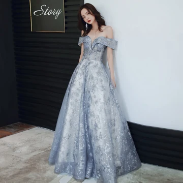 Charming Sky Blue Evening Dresses 2020 A Line Princess Off The Shoulder Sequins Sleeveless Backless Floor Length Long Formal Dresses
