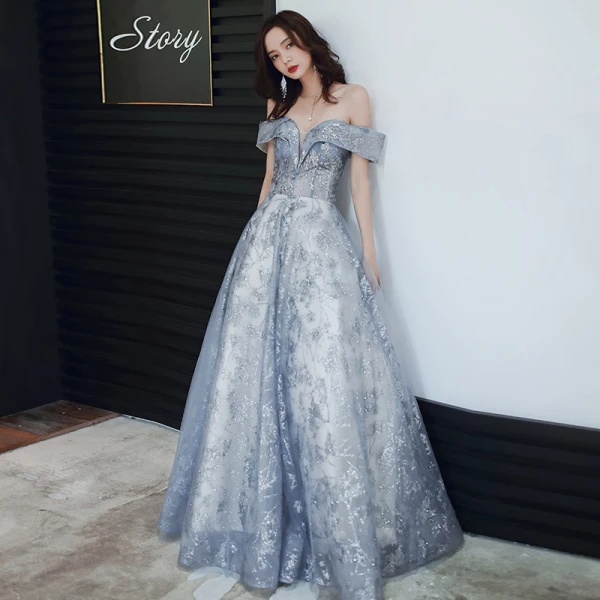 Charmant Bleu Ciel Robe De Soirée 2020 Princesse De l'épaule Paillettes Sans Manches Dos Nu Longue Robe De Ceremonie