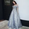 Charming Sky Blue Evening Dresses  2020 A-Line / Princess Off-The-Shoulder Sequins Sleeveless Backless Floor-Length / Long Formal Dresses