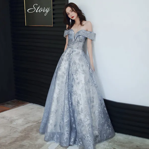 Charming Sky Blue Evening Dresses  2020 A-Line / Princess Off-The-Shoulder Sequins Sleeveless Backless Floor-Length / Long Formal Dresses