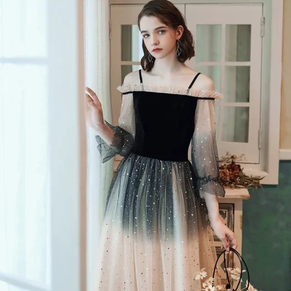Fashion Black Champagne Gradient-Color Evening Dresses 2020 A-Line /  Princess Off-The-Shoulder Star Sequins