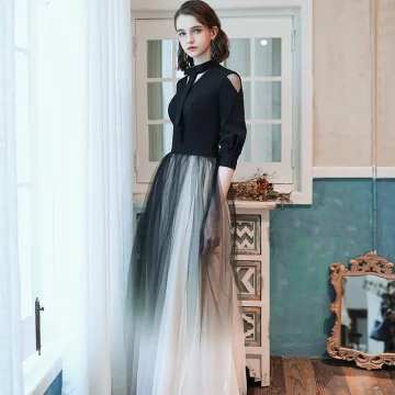 Mode Noire Dégradé De Couleur Robe De Soirée 2020 Princesse V Cou Noeud 1 2 Manches Longue Robe De Ceremonie