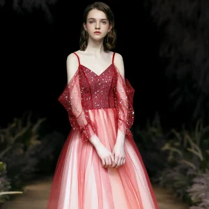 Mode Dégradé De Couleur Rouge Robe De Soirée 2020 Princesse Bretelles Spaghetti Perlage Paillettes 3 4 Manches Dos Nu Longue Robe De Ceremonie