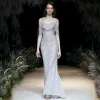 Sexy Silver Glitter Evening Dresses  2020 Trumpet / Mermaid Spaghetti Straps Beading Crystal Short Sleeve Backless Floor-Length / Long Formal Dresses