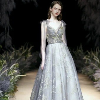Charming Grey Glitter Evening Dresses 2020 A Line Princess V Neck Sequins Rhinestone Sleeveless Backless Sweep Train Formal Dresses