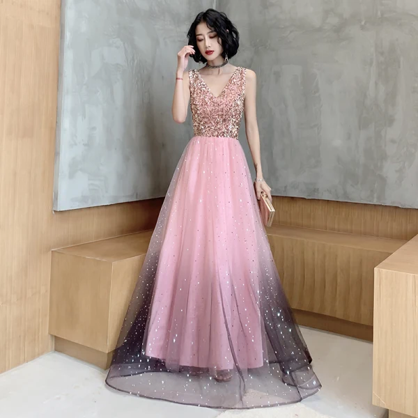 Fashion Candy Pink Evening Dresses 2020 A-Line / Princess Star Sequins V-Neck Sleeveless Backless Floor-Length / Long Formal Dresses
