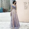 Chic / Beautiful Sky Blue Gradient-Color Evening Dresses  2020 A-Line / Princess Spaghetti Straps Sequins Lace Flower Sleeveless Backless Floor-Length / Long Formal Dresses