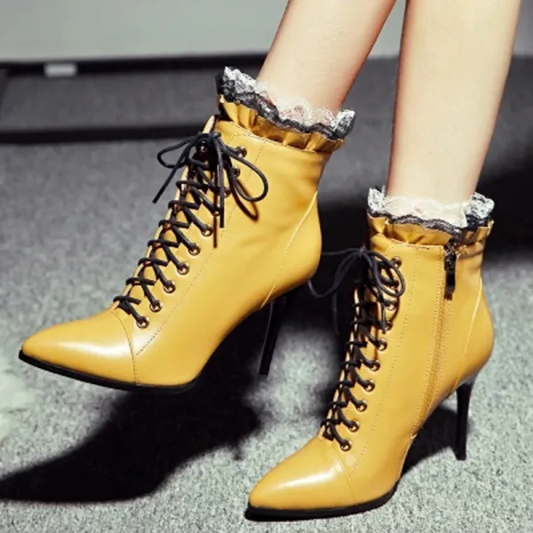 Fashion Yellow Casual Womens Boots 2020 Leather Lace 9 cm Stiletto Heels Pointed Toe Boots