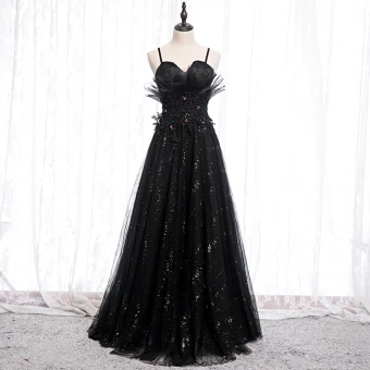 Charmant Noire Robe De Soirée 2020 Princesse Bretelles Spaghetti Paillettes Faux Diamant En Dentelle Fleur Sans Manches Dos Nu Longue Robe De Ceremonie