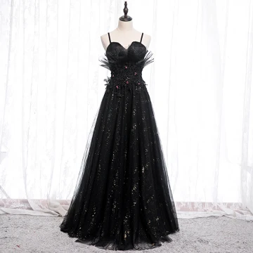 Charming Black Evening Dresses 2020 A Line Princess Spaghetti Straps Sequins Rhinestone Lace Flower Sleeveless Backless Floor Length Long Formal Dresses