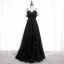 Charmant Noire Robe De Soirée 2020 Princesse Bretelles Spaghetti Paillettes Faux Diamant En Dentelle Fleur Sans Manches Dos Nu Longue Robe De Ceremonie