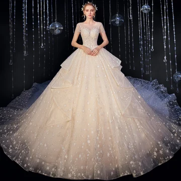 Luxury Gorgeous Champagne Wedding Dresses 2020 Ball Gown Scoop Neck Beading Tassel Sequins Lace Flower Appliques Sleeveless Backless Royal Train