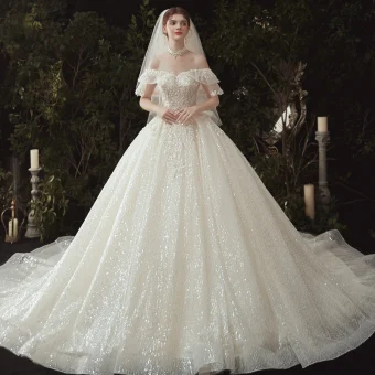 Luxury Gorgeous Champagne Wedding Dresses 2020 Ball Gown Off The Shoulder Appliques Beading Sequins Lace Flower Short Sleeve Backless Royal Train