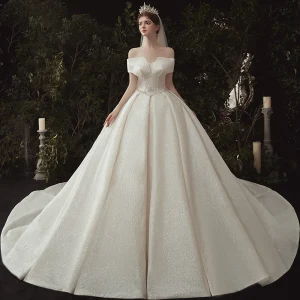 Luxe Champagne Glitter Robe De Mariée 2020 Princesse De L 039 Épaule Perlage Paillettes Manches Courtes Dos Nu Royal Train