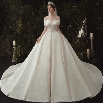 Luxe Champagne Glitter Robe De Mariée 2020 Princesse De L 039 Épaule Perlage Paillettes Manches Courtes Dos Nu Royal Train