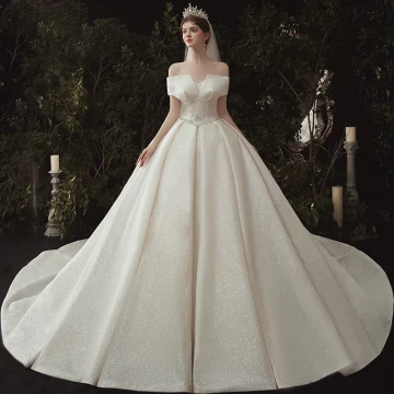 Luxury Gorgeous Champagne Glitter Wedding Dresses 2020 A Line Princess Off The Shoulder Beading Sequins Short Sleeve Backless Royal Train