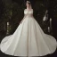 Luxus / Herrlich Champagner Glanz Brautkleider / Hochzeitskleider 2020 A Linie Off Shoulder Perlenstickerei Pailletten Kurze Ärmel Rückenfreies Königliche Schleppe