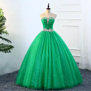 Vintage Grønn Quinceañera Ballkjoler 2018 Ballkjole Rhinestone Paljetter Kjæreste Ryggløse 1 2 Ermer Lange Formelle Kjoler