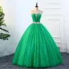 Vintage / Retro Green Quinceañera Prom Dresses 2018 Ball Gown Rhinestone Sequins Sweetheart Backless 1/2 Sleeves Floor-Length / Long Formal Dresses