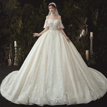 Luxury Gorgeous Champagne Wedding Dresses 2020 Ball Gown Off The Shoulder Beading Sequins Lace Flower Appliques Short Sleeve Backless Royal Train