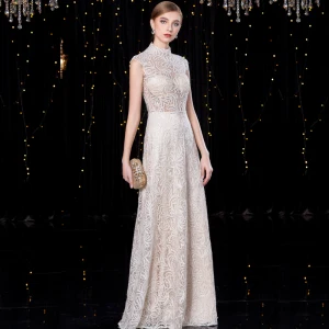 Sparkly Champagne Evening Dresses 2020 A Line Princess High Neck Sequins Lace Flower Sleeveless Floor Length Long Formal Dresses