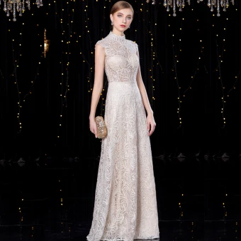 Sparkly Champagne Evening Dresses 2020 A Line Princess High Neck Sequins Lace Flower Sleeveless Floor Length Long Formal Dresses