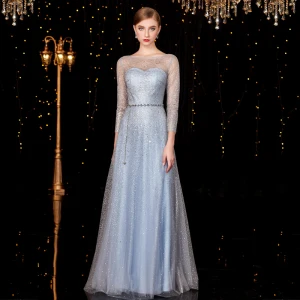 Scintillantes Bleu Ciel Robe De Soirée 2020 Princesse Ceinture Paillettes Encolure Dégagée 3 4 Manches Longue Robe De Ceremonie