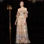 High-end Champagne Glitter Evening Dresses  2020 A-Line / Princess Scoop Neck Lace Flower Short Sleeve Floor-Length / Long Formal Dresses