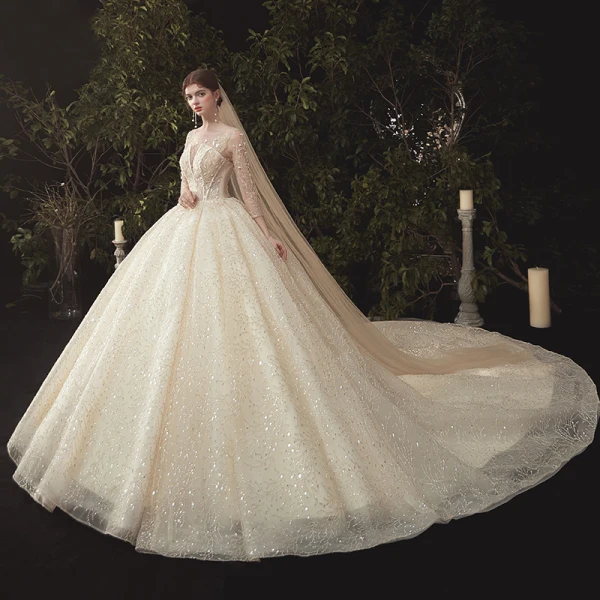 Luxury / Gorgeous Champagne Wedding Dresses 2020 Ball Gown Scoop Neck Beading Sequins Lace Flower Appliques 3/4 Sleeve Backless Cathedral Train