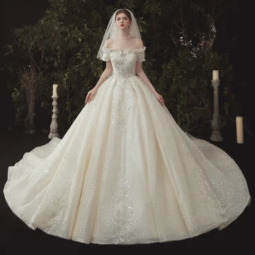 Luxe Champagne Robe De Mariée 2020 Robe Boule De L 039 Épaule Glitter Perlage Paillettes Perle Manches Courtes Dos Nu Cathedral Train