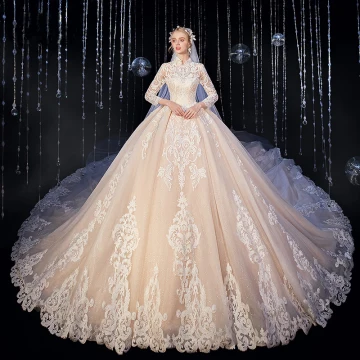 Eleganta High End Champagne Bröllopsklänningar 2020 Balklänning Glittriga Glitter Spets Blomma Hög Hals 3 4 Ärm Royal Train