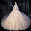 Élégant Haut de Gamme Champagne Robe De Mariée 2020 Robe Boule Glitter En Dentelle Fleur Col Haut 3/4 Manches Royal Train