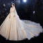 High-end Champagne Wedding Dresses 2020 Ball Gown V-Neck Handmade  Beading Glitter Rhinestone Lace Flower 3/4 Sleeve Backless Royal Train