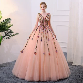 Fée Des Fleurs Perle Rose Robe De Bal 2018 Robe Boule Appliques Perle V Cou Dos Nu Sans Manches Longue Robe De Ceremonie