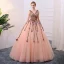 Flower Fairy Pearl Pink Prom Dresses 2018 Ball Gown Appliques Pearl V-Neck Backless Sleeveless Floor-Length / Long Formal Dresses