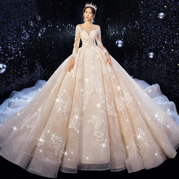 Luxe Champagne Robe De Mariée 2020 Robe Boule Encolure Dégagée Perlage Paillettes En Dentelle Fleur 3 4 Manches Dos Nu Royal Train