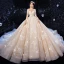 Luxe Champagne Robe De Mariée 2020 Robe Boule Encolure Dégagée Perlage Paillettes En Dentelle Fleur 3/4 Manches Dos Nu Royal Train